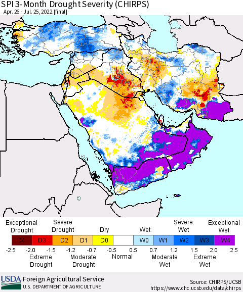 Middle East and Turkey SPI 3-Month Drought Severity (CHIRPS) Thematic Map For 4/26/2022 - 7/25/2022