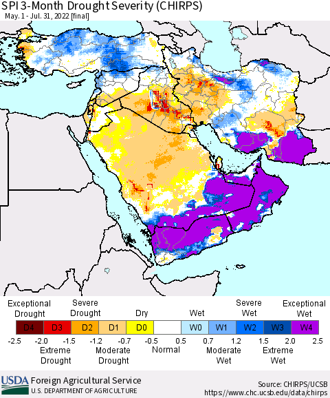 Middle East and Turkey SPI 3-Month Drought Severity (CHIRPS) Thematic Map For 5/1/2022 - 7/31/2022