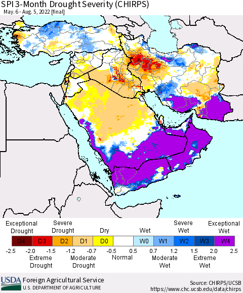 Middle East and Turkey SPI 3-Month Drought Severity (CHIRPS) Thematic Map For 5/6/2022 - 8/5/2022