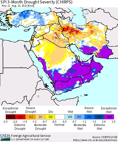 Middle East and Turkey SPI 3-Month Drought Severity (CHIRPS) Thematic Map For 5/11/2022 - 8/10/2022