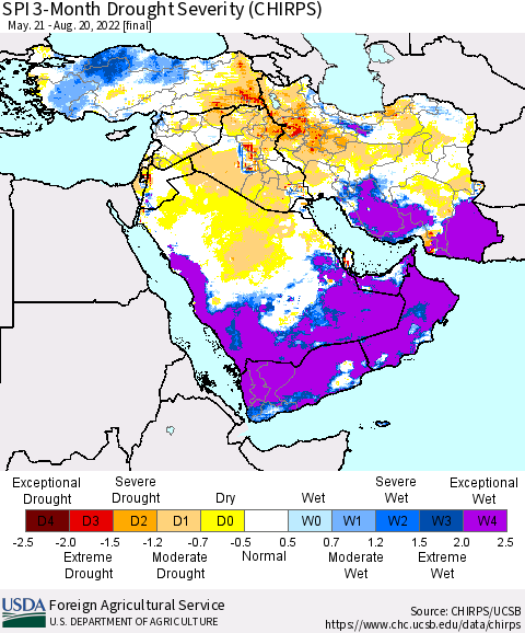 Middle East and Turkey SPI 3-Month Drought Severity (CHIRPS) Thematic Map For 5/21/2022 - 8/20/2022
