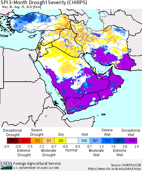 Middle East and Turkey SPI 3-Month Drought Severity (CHIRPS) Thematic Map For 5/26/2022 - 8/25/2022