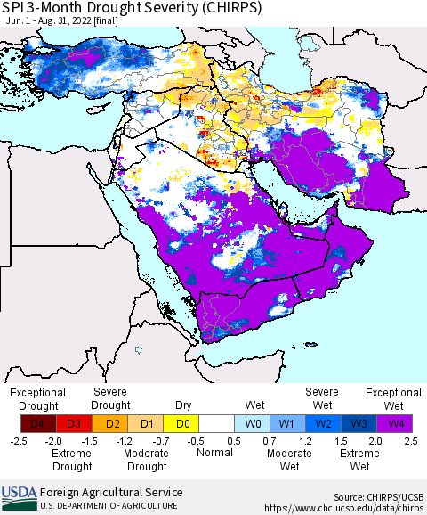 Middle East and Turkey SPI 3-Month Drought Severity (CHIRPS) Thematic Map For 6/1/2022 - 8/31/2022