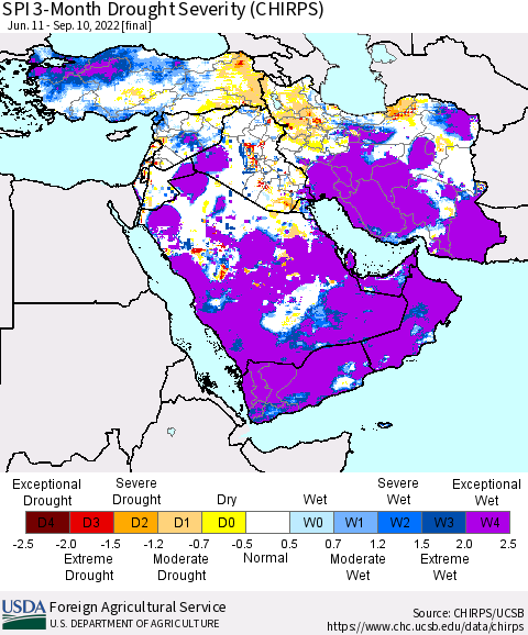 Middle East and Turkey SPI 3-Month Drought Severity (CHIRPS) Thematic Map For 6/11/2022 - 9/10/2022
