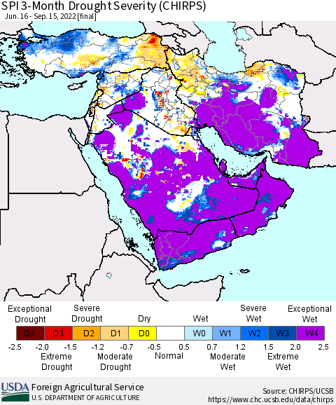 Middle East and Turkey SPI 3-Month Drought Severity (CHIRPS) Thematic Map For 6/16/2022 - 9/15/2022