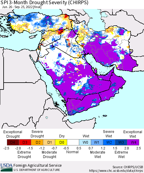Middle East and Turkey SPI 3-Month Drought Severity (CHIRPS) Thematic Map For 6/26/2022 - 9/25/2022