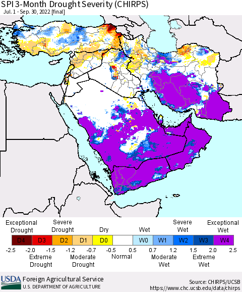 Middle East and Turkey SPI 3-Month Drought Severity (CHIRPS) Thematic Map For 7/1/2022 - 9/30/2022