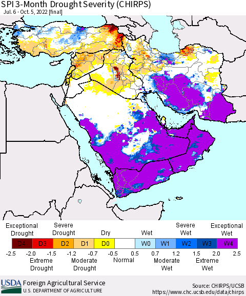 Middle East and Turkey SPI 3-Month Drought Severity (CHIRPS) Thematic Map For 7/6/2022 - 10/5/2022