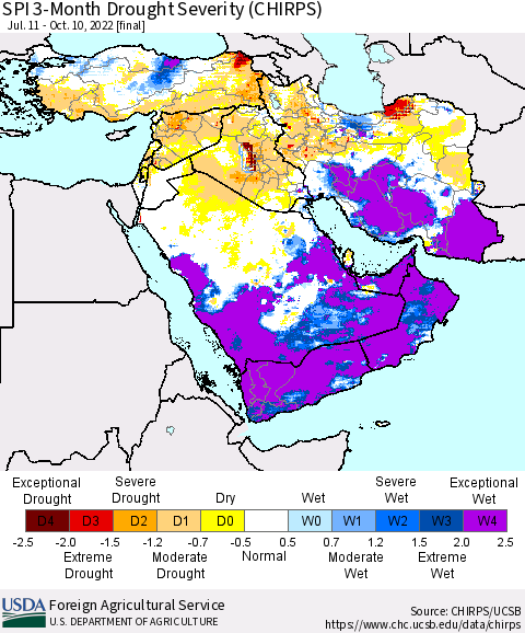 Middle East and Turkey SPI 3-Month Drought Severity (CHIRPS) Thematic Map For 7/11/2022 - 10/10/2022