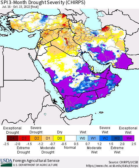 Middle East and Turkey SPI 3-Month Drought Severity (CHIRPS) Thematic Map For 7/16/2022 - 10/15/2022
