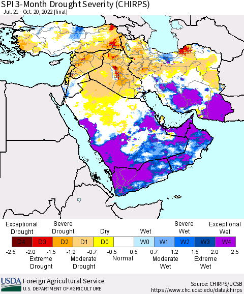 Middle East and Turkey SPI 3-Month Drought Severity (CHIRPS) Thematic Map For 7/21/2022 - 10/20/2022