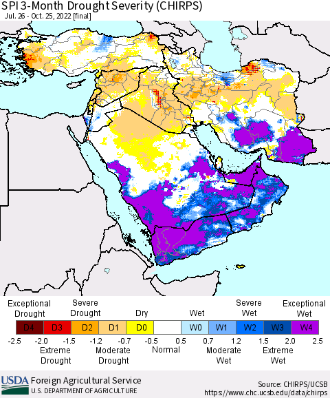 Middle East and Turkey SPI 3-Month Drought Severity (CHIRPS) Thematic Map For 7/26/2022 - 10/25/2022