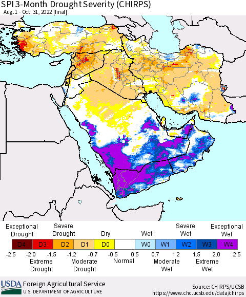 Middle East and Turkey SPI 3-Month Drought Severity (CHIRPS) Thematic Map For 8/1/2022 - 10/31/2022