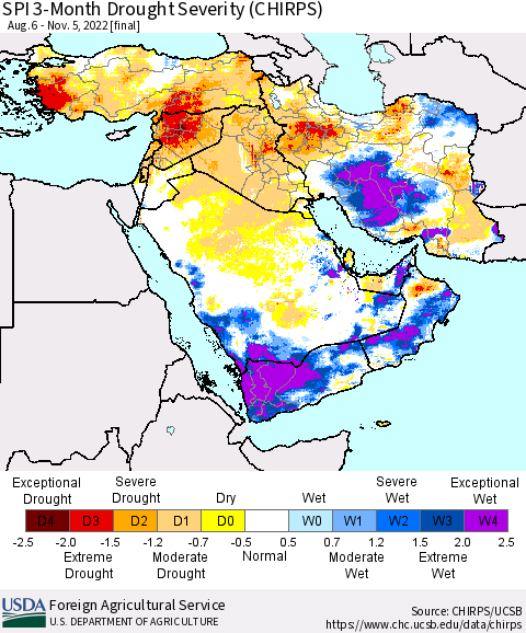 Middle East and Turkey SPI 3-Month Drought Severity (CHIRPS) Thematic Map For 8/6/2022 - 11/5/2022
