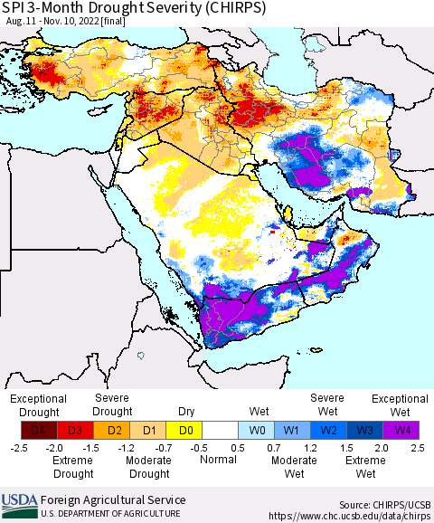 Middle East and Turkey SPI 3-Month Drought Severity (CHIRPS) Thematic Map For 8/11/2022 - 11/10/2022