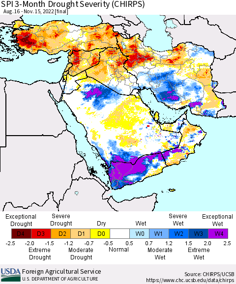 Middle East and Turkey SPI 3-Month Drought Severity (CHIRPS) Thematic Map For 8/16/2022 - 11/15/2022