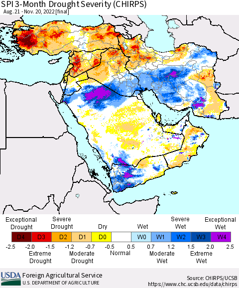Middle East and Turkey SPI 3-Month Drought Severity (CHIRPS) Thematic Map For 8/21/2022 - 11/20/2022