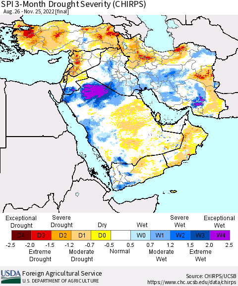 Middle East and Turkey SPI 3-Month Drought Severity (CHIRPS) Thematic Map For 8/26/2022 - 11/25/2022