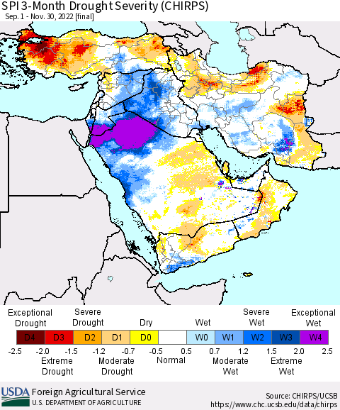 Middle East and Turkey SPI 3-Month Drought Severity (CHIRPS) Thematic Map For 9/1/2022 - 11/30/2022