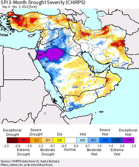 Middle East and Turkey SPI 3-Month Drought Severity (CHIRPS) Thematic Map For 9/6/2022 - 12/5/2022