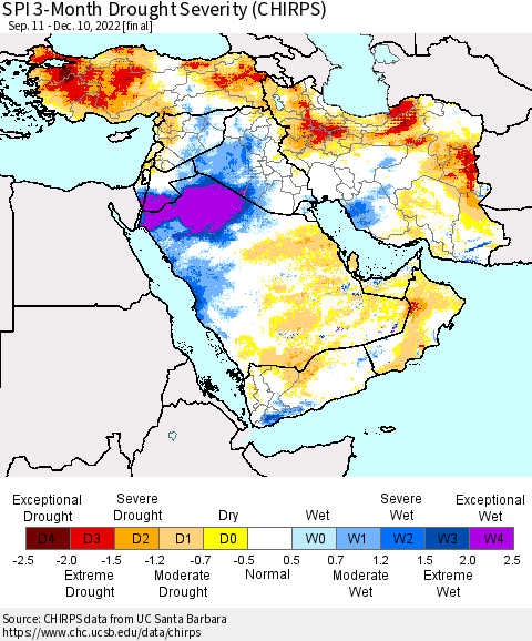 Middle East and Turkey SPI 3-Month Drought Severity (CHIRPS) Thematic Map For 9/11/2022 - 12/10/2022