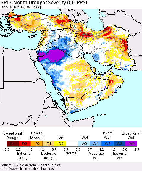 Middle East and Turkey SPI 3-Month Drought Severity (CHIRPS) Thematic Map For 9/16/2022 - 12/15/2022