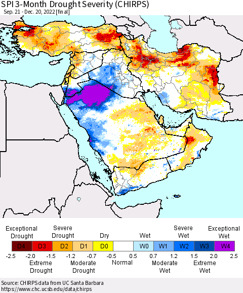 Middle East and Turkey SPI 3-Month Drought Severity (CHIRPS) Thematic Map For 9/21/2022 - 12/20/2022
