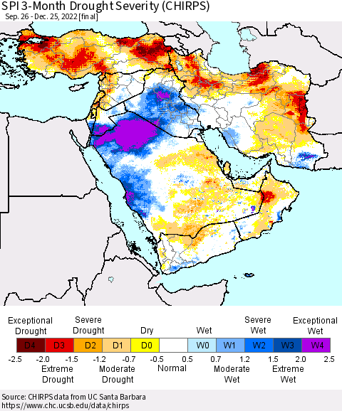 Middle East and Turkey SPI 3-Month Drought Severity (CHIRPS) Thematic Map For 9/26/2022 - 12/25/2022