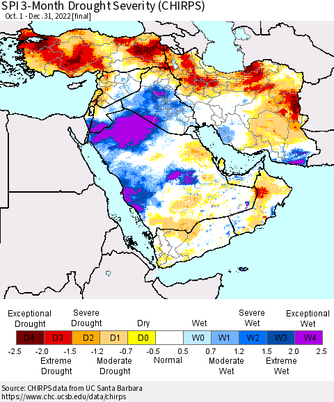 Middle East and Turkey SPI 3-Month Drought Severity (CHIRPS) Thematic Map For 10/1/2022 - 12/31/2022