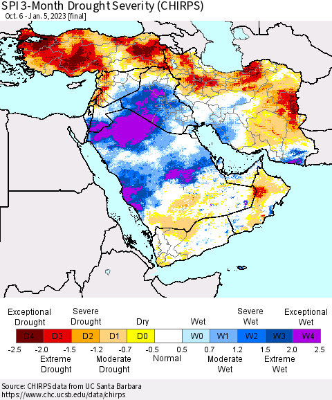Middle East and Turkey SPI 3-Month Drought Severity (CHIRPS) Thematic Map For 10/6/2022 - 1/5/2023
