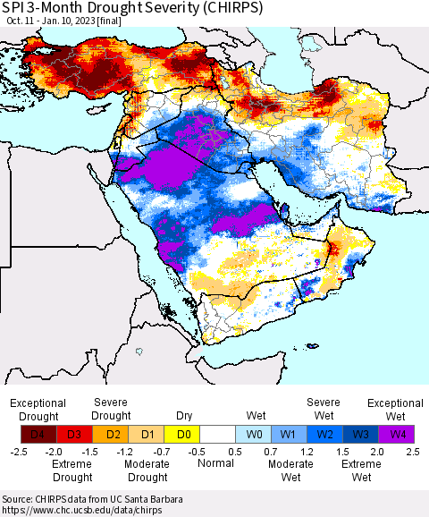 Middle East and Turkey SPI 3-Month Drought Severity (CHIRPS) Thematic Map For 10/11/2022 - 1/10/2023