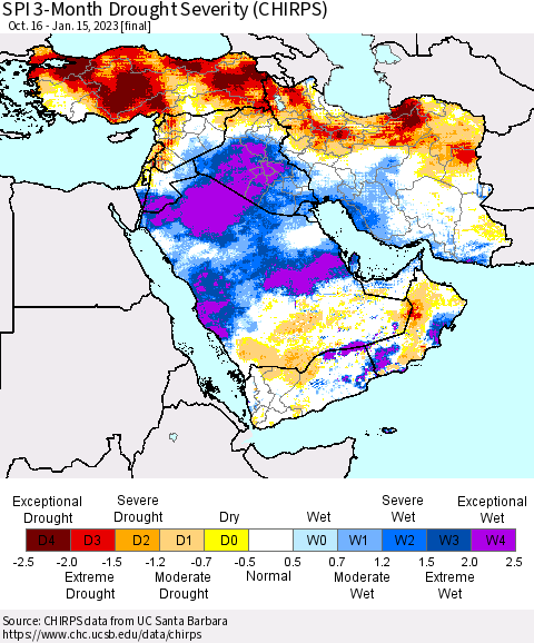 Middle East and Turkey SPI 3-Month Drought Severity (CHIRPS) Thematic Map For 10/16/2022 - 1/15/2023