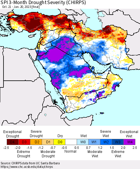 Middle East and Turkey SPI 3-Month Drought Severity (CHIRPS) Thematic Map For 10/21/2022 - 1/20/2023