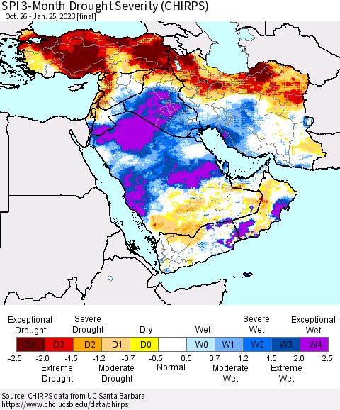 Middle East and Turkey SPI 3-Month Drought Severity (CHIRPS) Thematic Map For 10/26/2022 - 1/25/2023