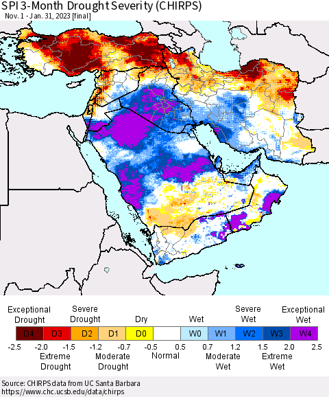 Middle East and Turkey SPI 3-Month Drought Severity (CHIRPS) Thematic Map For 11/1/2022 - 1/31/2023
