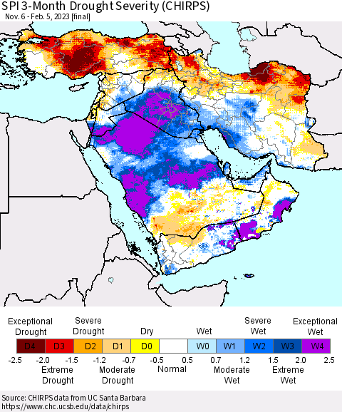 Middle East and Turkey SPI 3-Month Drought Severity (CHIRPS) Thematic Map For 11/6/2022 - 2/5/2023