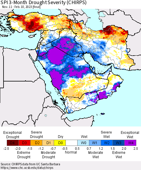 Middle East and Turkey SPI 3-Month Drought Severity (CHIRPS) Thematic Map For 11/11/2022 - 2/10/2023