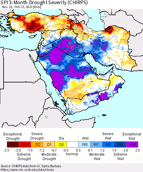 Middle East and Turkey SPI 3-Month Drought Severity (CHIRPS) Thematic Map For 11/16/2022 - 2/15/2023