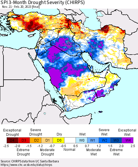 Middle East and Turkey SPI 3-Month Drought Severity (CHIRPS) Thematic Map For 11/21/2022 - 2/20/2023