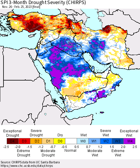 Middle East and Turkey SPI 3-Month Drought Severity (CHIRPS) Thematic Map For 11/26/2022 - 2/25/2023
