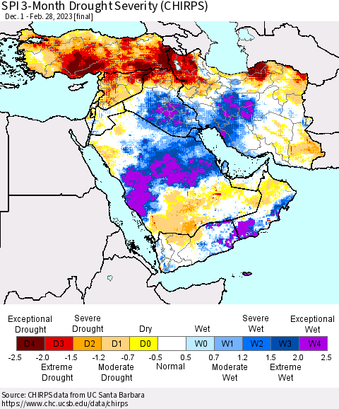 Middle East and Turkey SPI 3-Month Drought Severity (CHIRPS) Thematic Map For 12/1/2022 - 2/28/2023