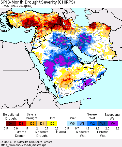 Middle East and Turkey SPI 3-Month Drought Severity (CHIRPS) Thematic Map For 12/6/2022 - 3/5/2023