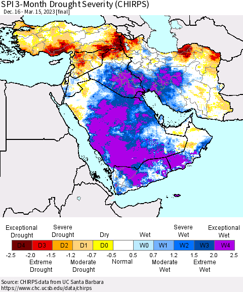 Middle East and Turkey SPI 3-Month Drought Severity (CHIRPS) Thematic Map For 12/16/2022 - 3/15/2023