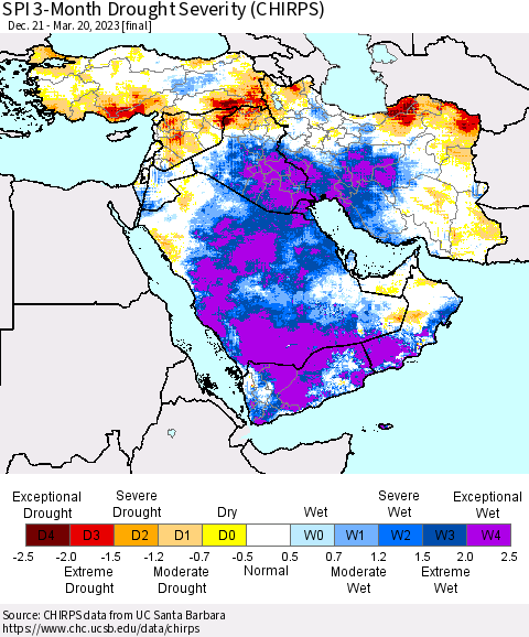 Middle East and Turkey SPI 3-Month Drought Severity (CHIRPS) Thematic Map For 12/21/2022 - 3/20/2023