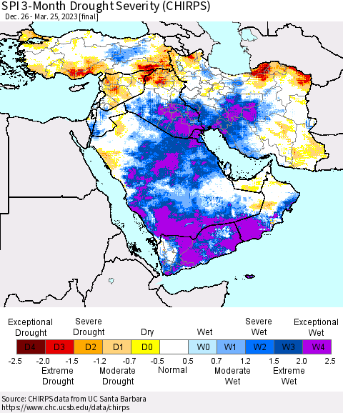 Middle East and Turkey SPI 3-Month Drought Severity (CHIRPS) Thematic Map For 12/26/2022 - 3/25/2023