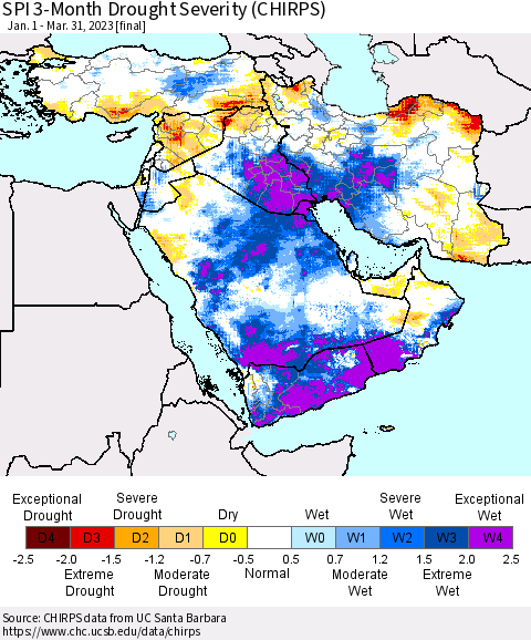 Middle East and Turkey SPI 3-Month Drought Severity (CHIRPS) Thematic Map For 1/1/2023 - 3/31/2023