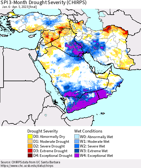 Middle East and Turkey SPI 3-Month Drought Severity (CHIRPS) Thematic Map For 1/6/2023 - 4/5/2023