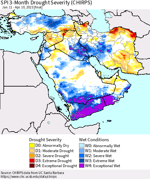 Middle East and Turkey SPI 3-Month Drought Severity (CHIRPS) Thematic Map For 1/11/2023 - 4/10/2023