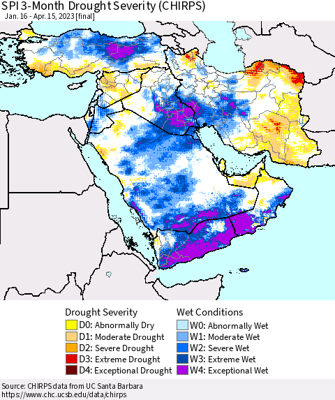 Middle East and Turkey SPI 3-Month Drought Severity (CHIRPS) Thematic Map For 1/16/2023 - 4/15/2023