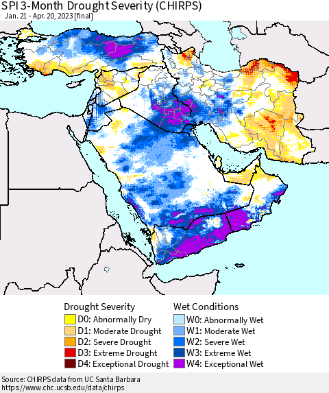 Middle East and Turkey SPI 3-Month Drought Severity (CHIRPS) Thematic Map For 1/21/2023 - 4/20/2023